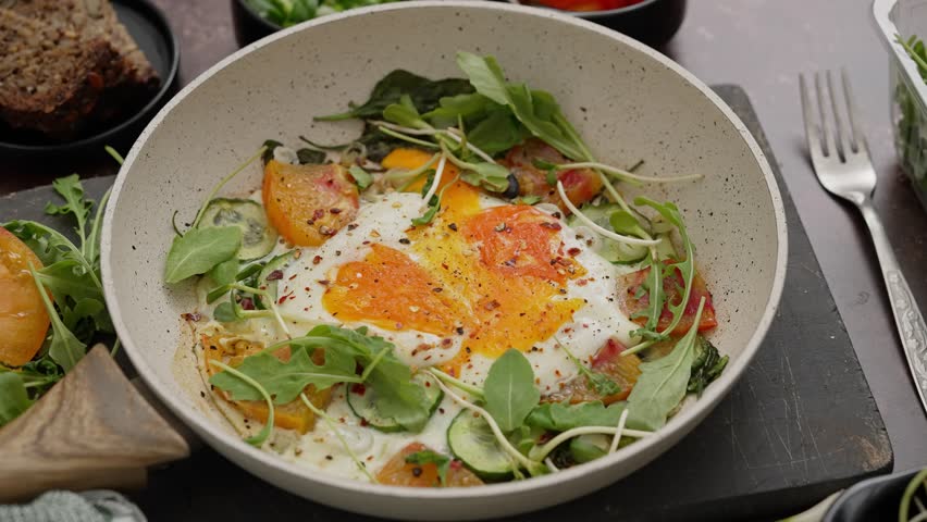 Delicious breakfast. Two fried eggs with vegetables served on frying pan | Shutterstock HD Video #1110714795