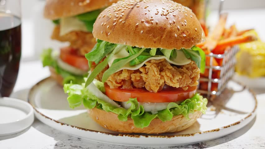 Crispy, breaded chicken double burgers with vegetables and drink, served with sweet potatoes | Shutterstock HD Video #1110714801