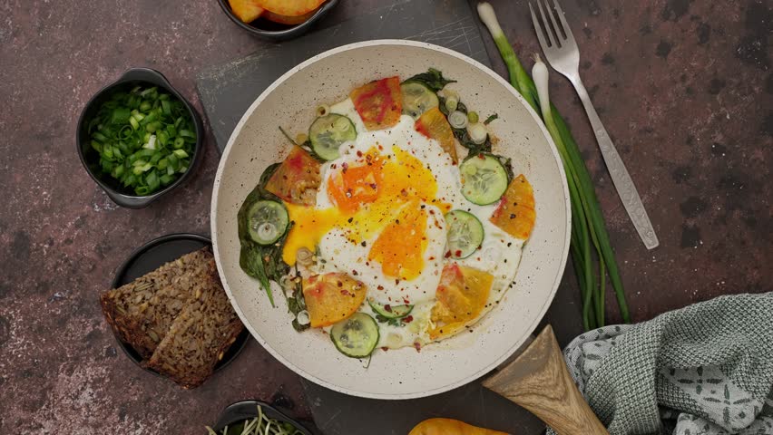 Fried eggs in a frying pan with cherry tomatoes. cucumber and bread for breakfast served on a pan | Shutterstock HD Video #1110714807