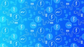 4k Animated Electric or Technology Concept Motion Pattern Banner Template. Battery, Charger, Electric, Power, Energy, Electric Plug Flat Icons on Blue Color background. Motion pattern video design.