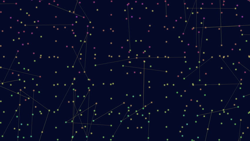 A visual depiction of constellations in the night sky, dots representing stars, connected by lines to form shapes. Different colors indicate varied star types