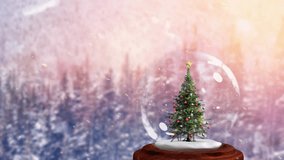 Animation of santa claus in sleigh with reindeer over snow falling over christmas tree in snow globe. christmas, celebration and tradition concept digitally generated video.