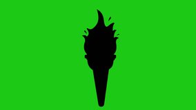 video animation illustration olympics black silhouette icon torch with fire flame moving. On a green chroma key background
