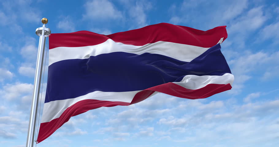 Thailand flag with flagpole waving in wind, rolling clouds background looping, 4K video (Perfect Loop)