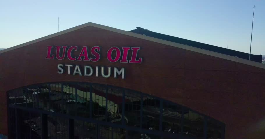 Indianapolis , United States - 10 28 2023: Aerial arcing shot showing the Lucas Oil Stadium belonging to the Indianapolis Colts