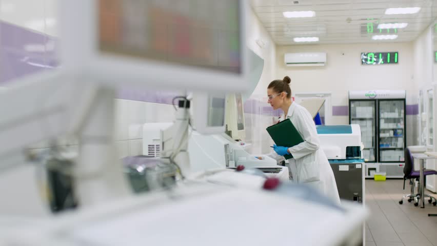 A female scientist controls the operation of devices for laboratory research. Modern laboratory technologies. Medical research centrifuge. Royalty-Free Stock Footage #1110725545