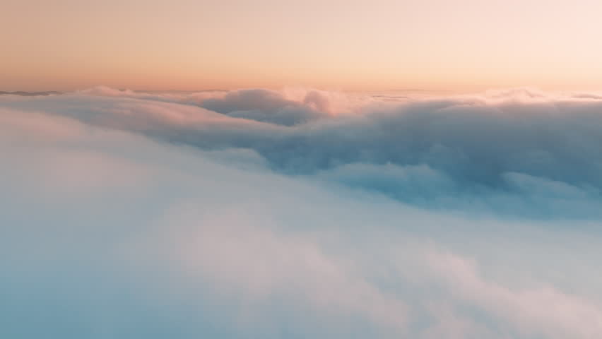 Flying low above fluffy pastel white pink clouds in clear blue sky. Cinematic cloudscape at sunset or sunrise time lapse. Nature weather blue sky background. Cloud time lapse nature background aerial Royalty-Free Stock Footage #1110727761