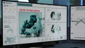 Doctor is working on a computer. Software tool for image analysis. Lung CT scan. Study of different imagery. Covid-19 pneumonia. Disease that comes on quickly and causes breathing problems. UI - Powered by Shutterstock - Get 15% off with code: PIKWIZARD15