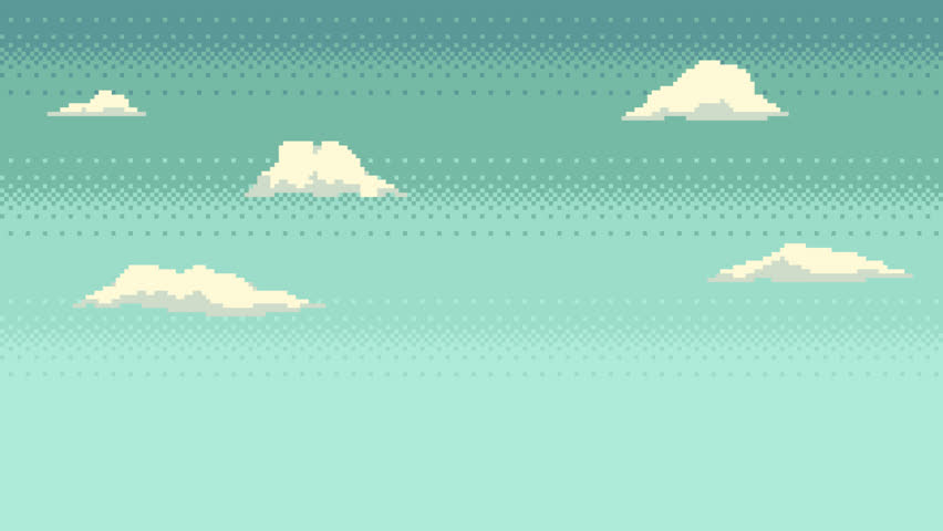 Pixel art seamless animation of floating clouds on the sky. Animated 8 bit looping background with moving clouds.