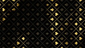 Luxury gold casino royal background. Black abstract text banner. Vip backdrop with golden poker card suits. Copy space for grand casino logo or title text. Vertical video footage for story
