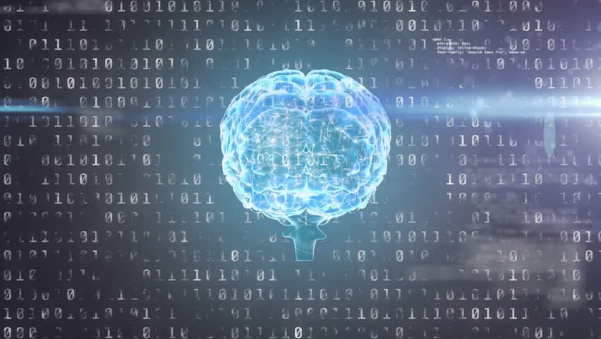 Animation of blue light trails over spinning human brain and binary coding against grey background. Medical research and science technology concept - Powered by Shutterstock - Get 15% off with code: PIKWIZARD15