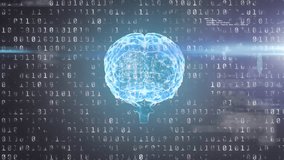 Animation of blue light trails over spinning human brain and binary coding against grey background. Medical research and science technology concept - Powered by Shutterstock - Get 15% off with code: PIKWIZARD15