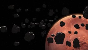 Asteroids field and planet Mars in space. Main asteroid field between Mars and Jupiter. Asteroids field, flight through deep space asteroid field with stars. Elements of this video furnished by NASA.