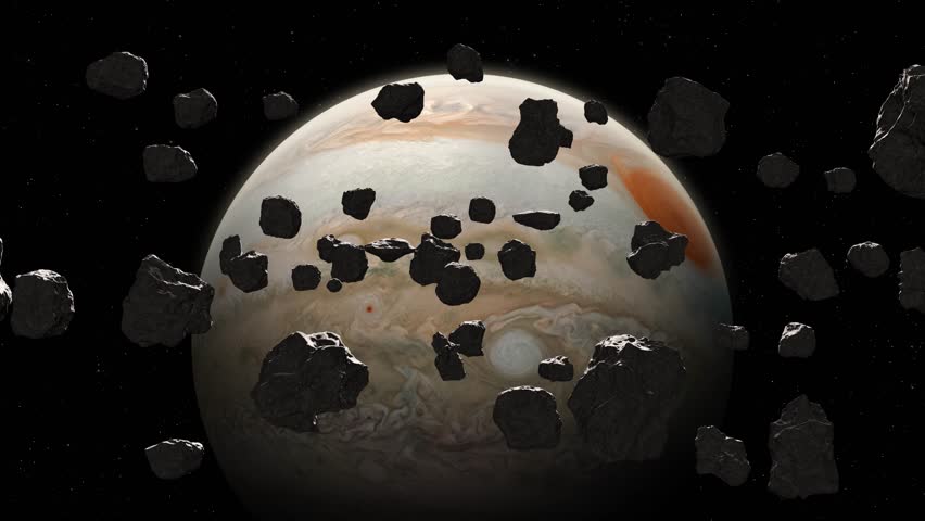 Asteroids field and Jupiter in space.
Main asteroid field between Mars and Jupiter. Asteroids field, flight through dark deep space asteroid field with stars. Elements of this video furnished by NASA. Royalty-Free Stock Footage #1110732867