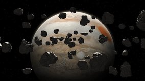 Asteroids field and Jupiter in space.
Main asteroid field between Mars and Jupiter. Asteroids field, flight through dark deep space asteroid field with stars. Elements of this video furnished by NASA.