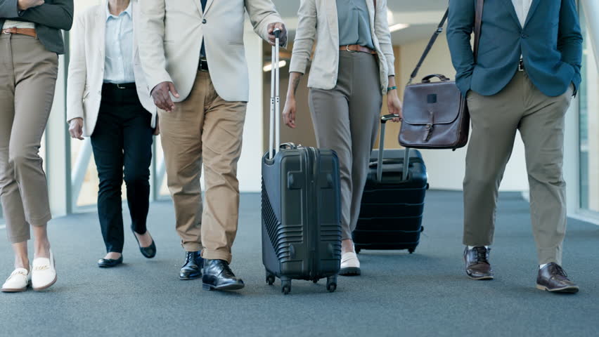 Business team, suitcase and feet walking of staff shoes at airport for travel and work conference. Group, traveling bags and luggage for journey and trip for global seminar and convention with legs Royalty-Free Stock Footage #1110737423