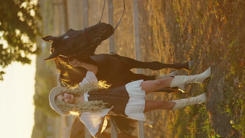 Slender young blonde on a ranch holding a horse
