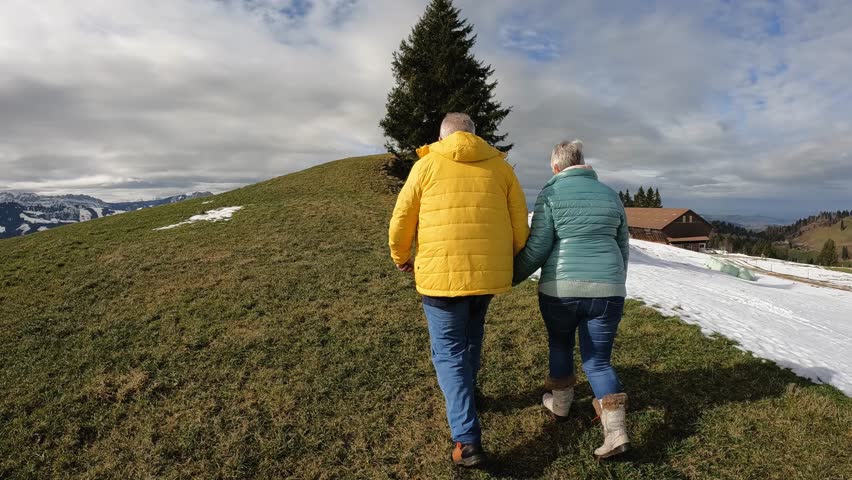 Senior couple holding hands during hiking winter day  Royalty-Free Stock Footage #1110740239