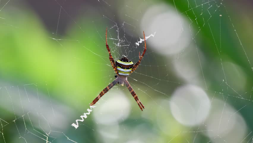 Camera zooms out revealing this yellow striped spider on its nest waiting for any prey to get caught during a windy day, Argiope keyserlingi Orb-web Spider, Thailand Royalty-Free Stock Footage #1110741911