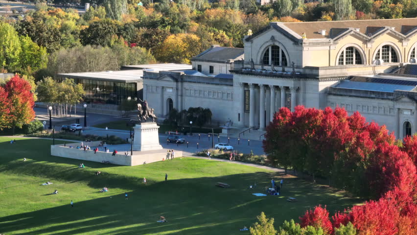 Aerial view of the Saint Louis Art Museum in Forest Park on a glorious Fall day in St. Louis, Missouri.
