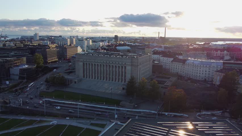 Helsinki aerial retreats from huge stone Parliament House building