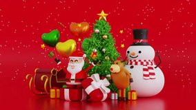 Santa clause with sleigh near snowman and Christmas tree and gifts box, Happy New year and Merry Christmas holiday greeting card Xmas, 3D 4K animation rendering. - Powered by Shutterstock - Get 15% off with code: PIKWIZARD15
