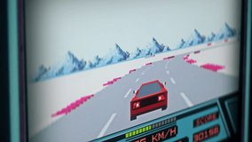 Playing the old-school arcade game race with pixelated graphics. Overtaking the enemy cars in the racing arcade game. Achieving high score with a red vehicle in the arcade game race challenge.