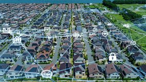 Modern residential area and communication network concept. Internet of Things. Smart house. - Powered by Shutterstock - Get 15% off with code: PIKWIZARD15