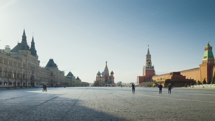 Red Square in Moscow. St. Basils Cathedral, Spasskaya Tower and the mausoleum, Russia