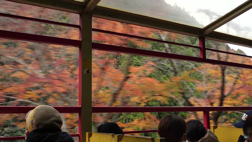 KYOTO, JAPAN - DECEMBER 2021 : View of riding on Sagano Romantic train (Sagano Scenic Railway) in Autumn leaves season. Saga torokko station to Kameoka torokko Station. Royalty-Free Stock Footage #1110763325
