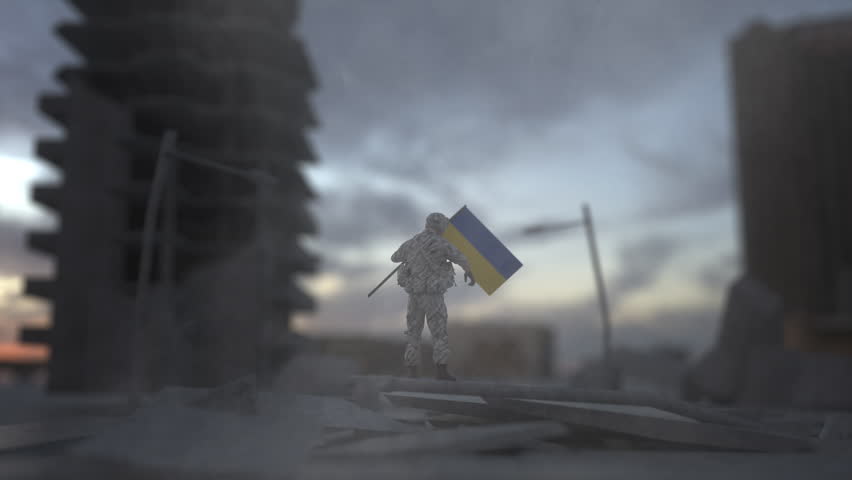 Ukrainian soldier holding the flag of Ukraine against the sunrise over the battlefield symbolizing the country's independence and freedom, saluting with victory stance. Blur smoke view Royalty-Free Stock Footage #1110764477