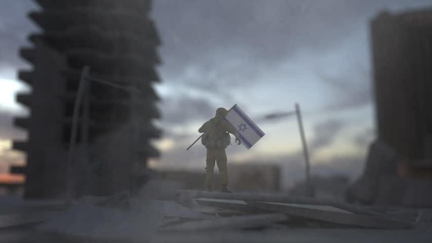 Israeli soldier holding the flag of Israel against the sunrise over the battlefield symbolizing the country's independence and freedom, saluting with victory stance. Blur smoke view Royalty-Free Stock Footage #1110764485