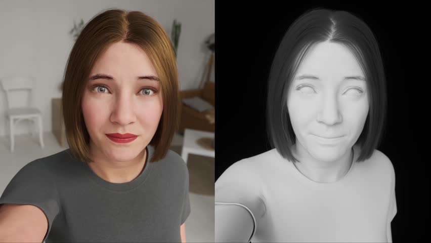 Virtual AI influencer blogger posing on camera. Metaverse female avatar in virtual chat world for virtual chat. Artificial human character talking. Beautiful 3d model human scan animated.	
 Royalty-Free Stock Footage #1110766525