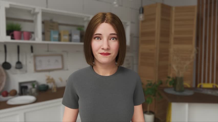 Virtual AI influencer blogger posing on camera. Metaverse female avatar in virtual chat world for virtual chat. Artificial human character talking. Beautiful 3d model human scan animated.	
 Royalty-Free Stock Footage #1110766529