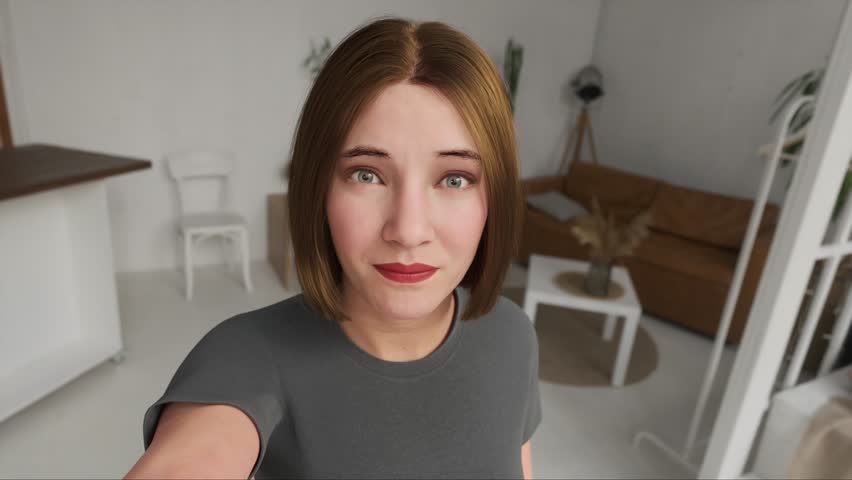 Virtual AI influencer blogger posing on camera. Metaverse female avatar in virtual chat world for virtual chat. Artificial human character talking. Beautiful 3d model human scan animated.	
 Royalty-Free Stock Footage #1110766531