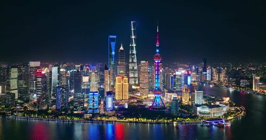 Aerial view of Shanghai skyline and skyscrapers scenery at night, China. Famous city landmarks in China.