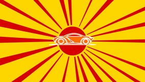 Future car symbol on the background of animation from moving rays of the sun. Large orange symbol increases slightly. Seamless looped 4k animation on yellow background