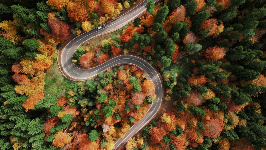Drone flying over winding road in mountains. Amazing zigzag road. Countryside landscape. Serpentine curve road in Romania. Royalty-Free Stock Footage #1110772233