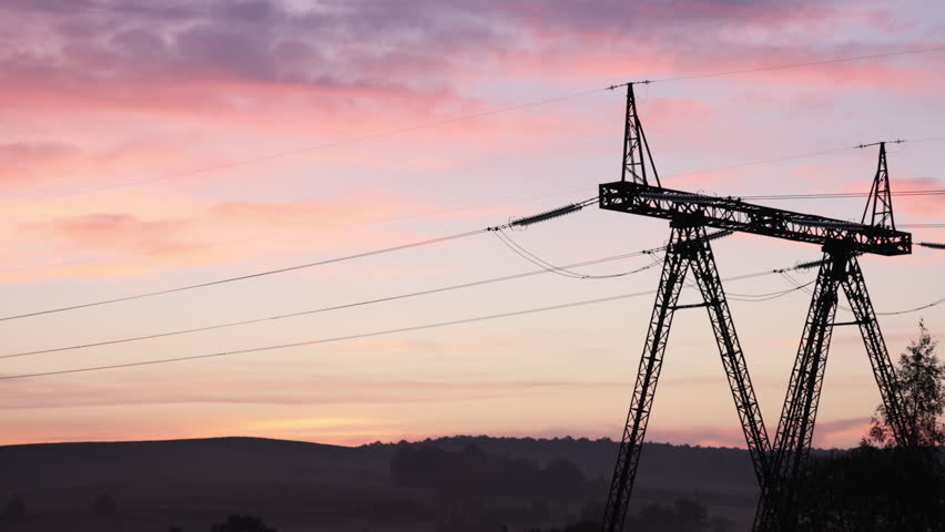 Pylon design, Line sunset, Electric landscape. At dusk, power lines connecting electric towers glowed, showcasing transmission lines. Royalty-Free Stock Footage #1110774647