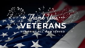 Thank you veterans. Happy Veterans Day Text Animation with waving USA flag. Honoring all who served. Great for Veterans Day celebrations, ceremonies, greetings, banners. Animated Happy Veterans Day. - Powered by Shutterstock - Get 15% off with code: PIKWIZARD15