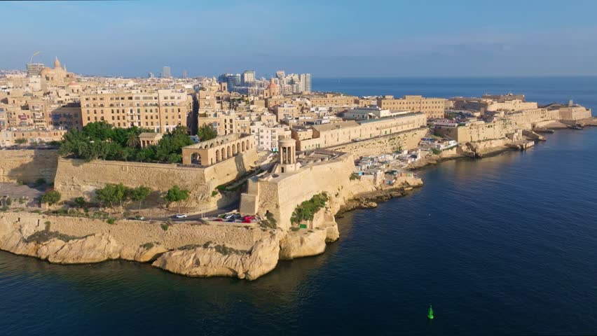Aerial drone view of Valletta city - Grand harbour, Lower Barrakka Gardens. Morning, Malta island Royalty-Free Stock Footage #1110775163