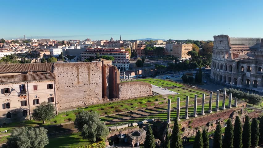 Temple of Venus and Rome in the Roman Forum at the Colosseum. Italy.
Aerial view of the tourist area of ancient Rome.