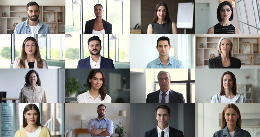 Head shot portrait lot of businesspeople, professionals, successful businessmen and businesswomen smile look at camera pose indoor. Success, achievement, collage of different age and ethnicity people Royalty-Free Stock Footage #1110777529