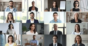 Head shot portrait lot of businesspeople, professionals, successful businessmen and businesswomen smile look at camera pose indoor. Success, achievement, collage of different age and ethnicity people
