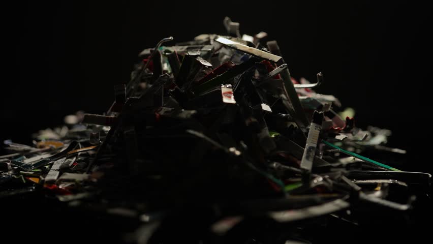 Credit cards pile shredded and cut. Remains of plastic credit cards after expiration or debt consolidation, disposed. Scattered pieces of bank cards. Line of credits, inflation of high interest rates. Royalty-Free Stock Footage #1110778651