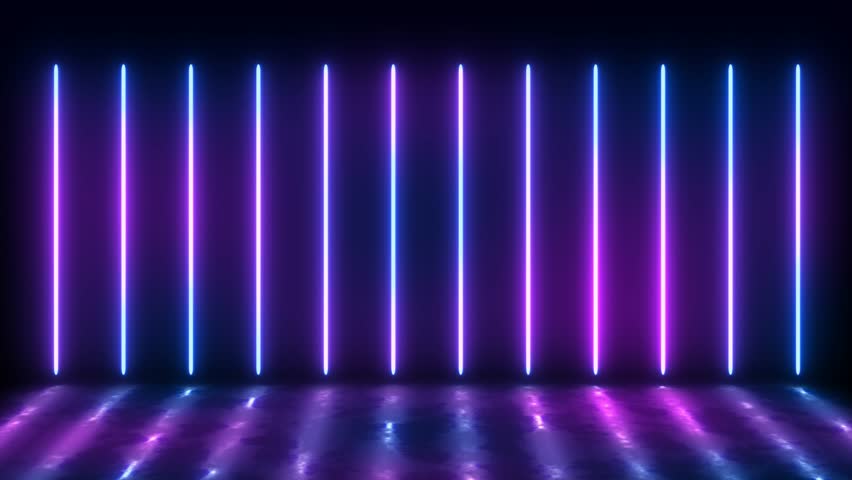 Blue neon frame with sticks, ultraviolet light, 80's retro style, fashion show stage, abstract background, illuminate frame design. Abstract cosmic vibrant led lamps backdrop with wet reflective floor