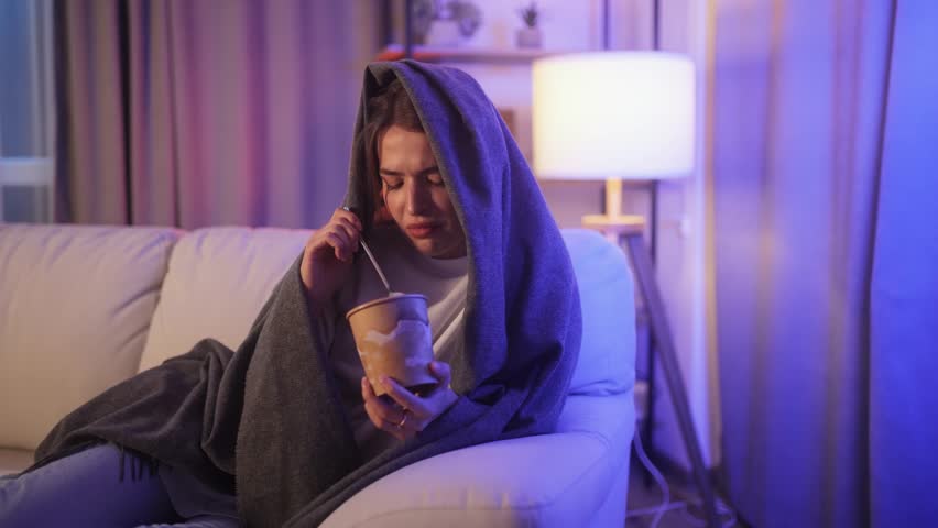 Portrait of sad young woman dealing with stress by eating food sitting on couch at home Upset brunette female wrapped in blanket crying and eating ice cream indoors at late night Mental heath problem Royalty-Free Stock Footage #1110779691