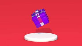 3D animation of a purple gift box above a podium on a red Christmas background. Holidays and gifts concept.