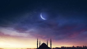 Mosque sunset sky, moon,  islamic night and silhouette mosque, video - Powered by Shutterstock - Get 15% off with code: PIKWIZARD15