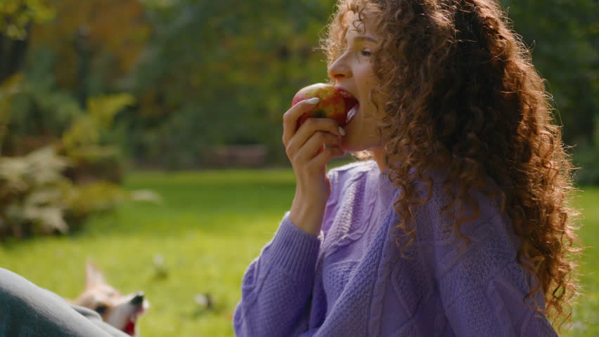 Playful little dog welsh corgi playing with girl Caucasian woman handler eat fruit in nature park picnic outdoors naughty funny fluffy puppy biting apple pet food doggie treats having fun best friends Royalty-Free Stock Footage #1110784735
